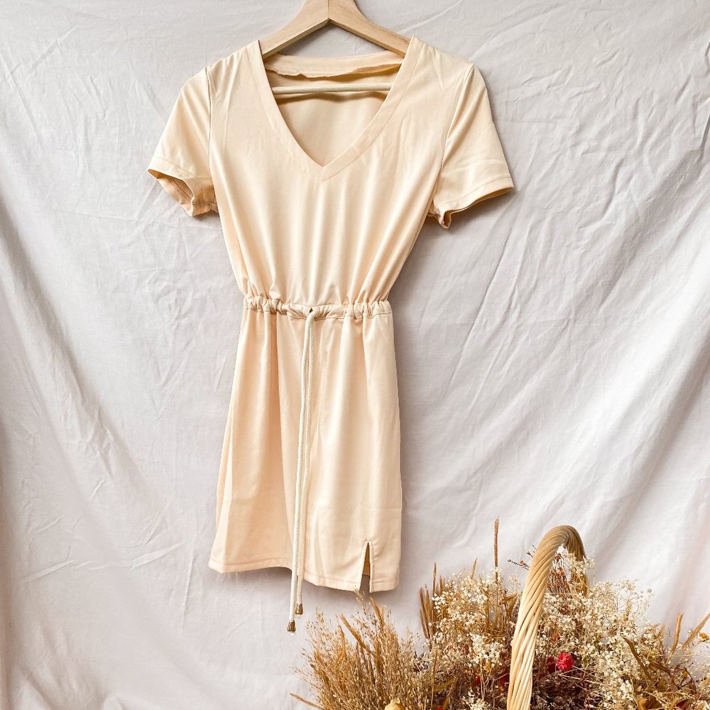 Casual V-Neck Drawstrings Plain Shirt Dress